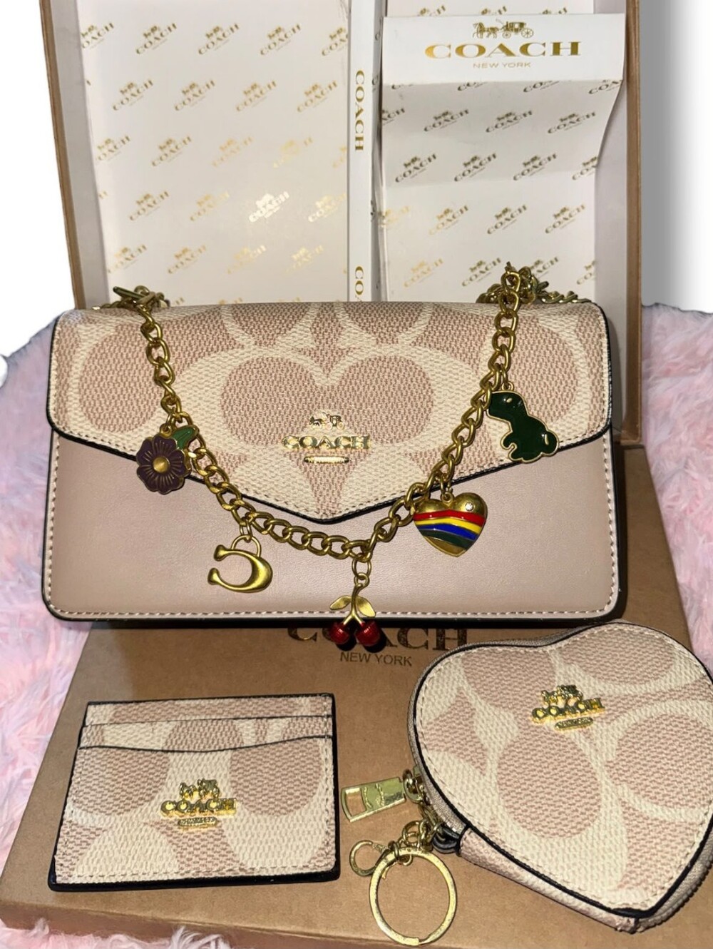 Coach Beige Tan Signature Charm Crossbody with Heart Coin Pouch & Card Case